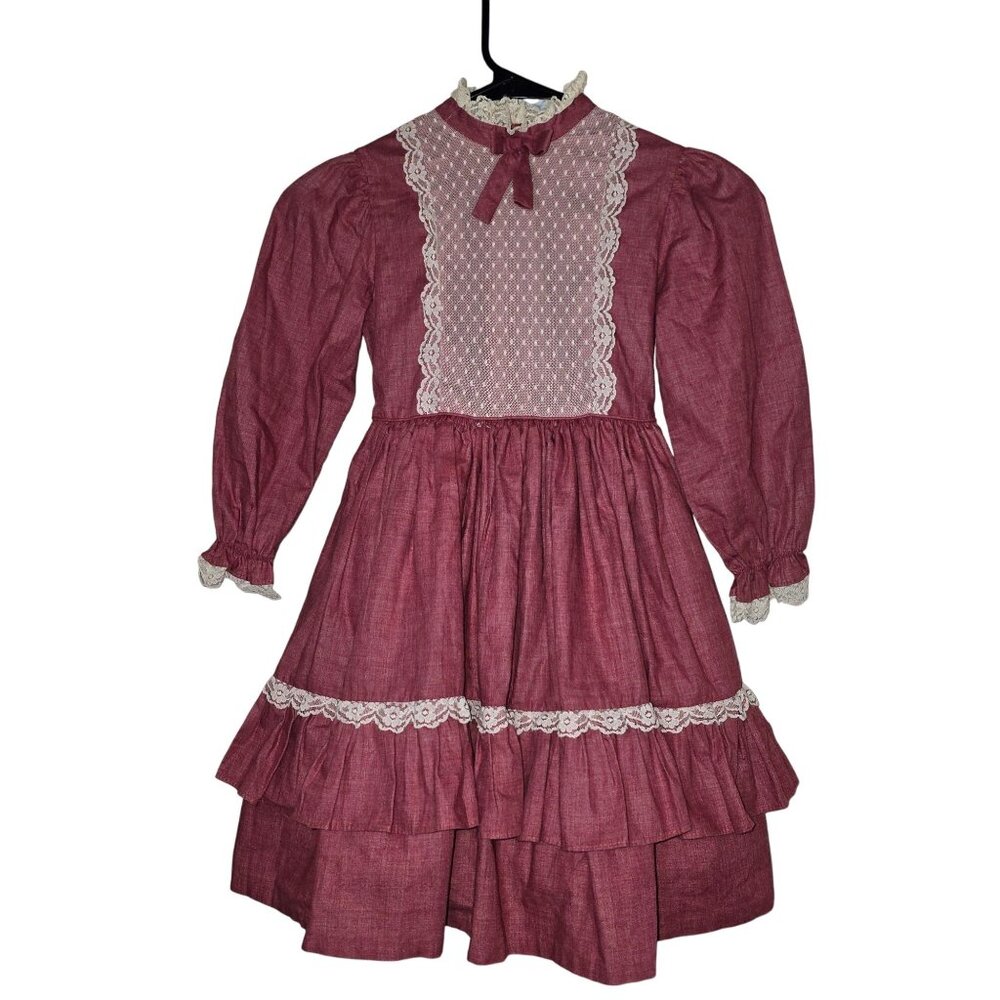 Vintage Montgomery Ward Girls Red Lace Trim‎ Long Sleeve Dress